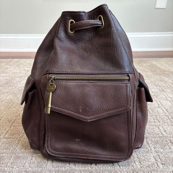 Fossil VTG Leather Backpack Brown Drawstring Boho Multi-pocket Key Charm 75082 - Picture 1 of 13